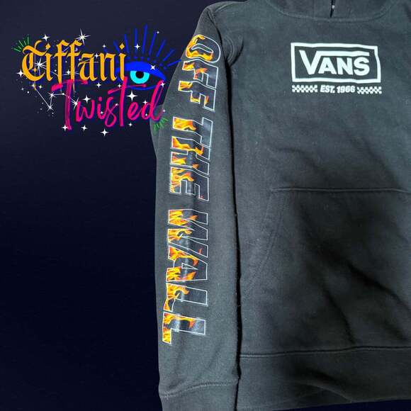 Vans Off The Wall Youth Black Hoodie Flames Sleeve Logo Large - Picture 3 of 3